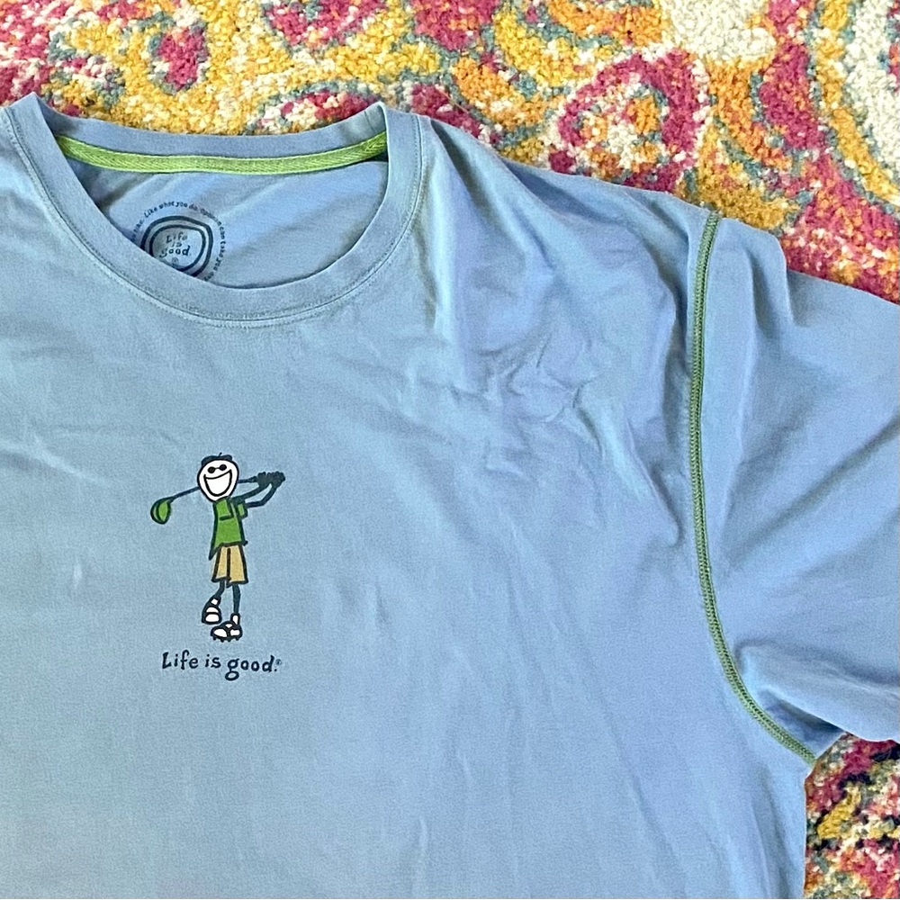 Life Is Good Men's Light Blue Golf T-Shirt with Green Accents Size XXL